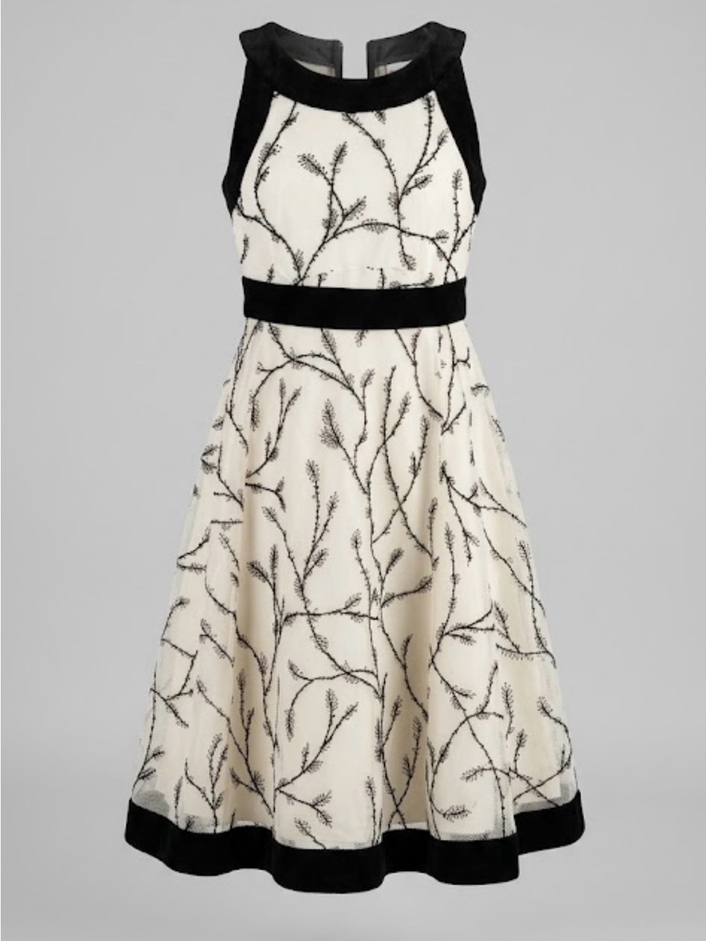 Vintage Style Cream&Black Floral Branch Embroidery Halter Dress with Velvet Trim